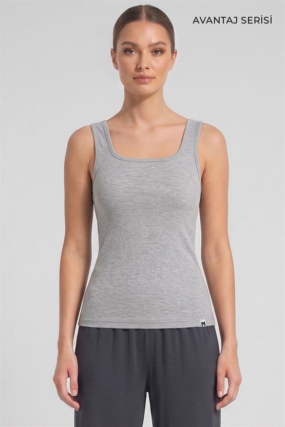 Mısırlı Kadın Kaşkorse Sırtı Kapalı Askılı T-shirt Gri Melanj