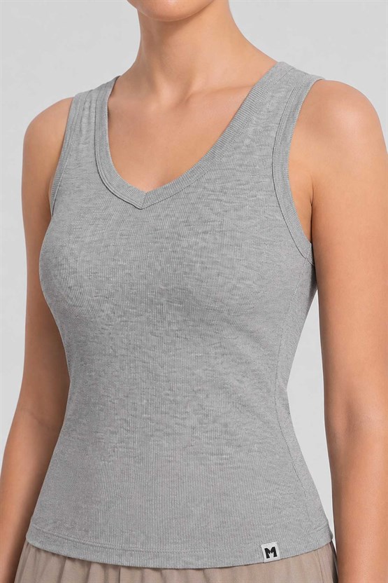 Mısırlı Kadın Kaşkorse V Yaka T-shirt Gri Melanj