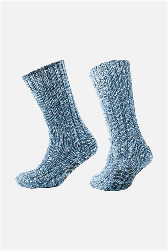 Mısırlı Kadın Merino Yünü Cold Blocker Kışlık Kaydırmaz Tabanlı Soket Çorap Mavi
