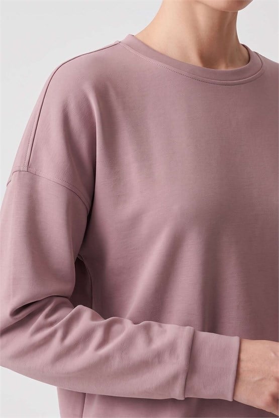 Mısırlı Kadın Modal Bisiklet Yaka Sweatshirt Gül Kurusu
