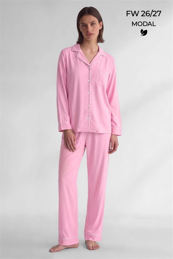 Mısırlı Kadın Modal Biye Detaylı Pijama Takım Açık Pembe