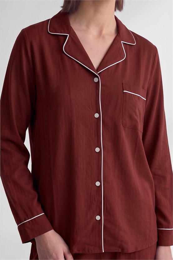 Mısırlı Kadın Modal Biye Detaylı Pijama Takım Bordo