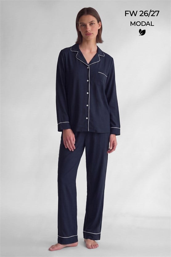 Mısırlı Kadın Modal Biye Detaylı Pijama Takım Lacivert