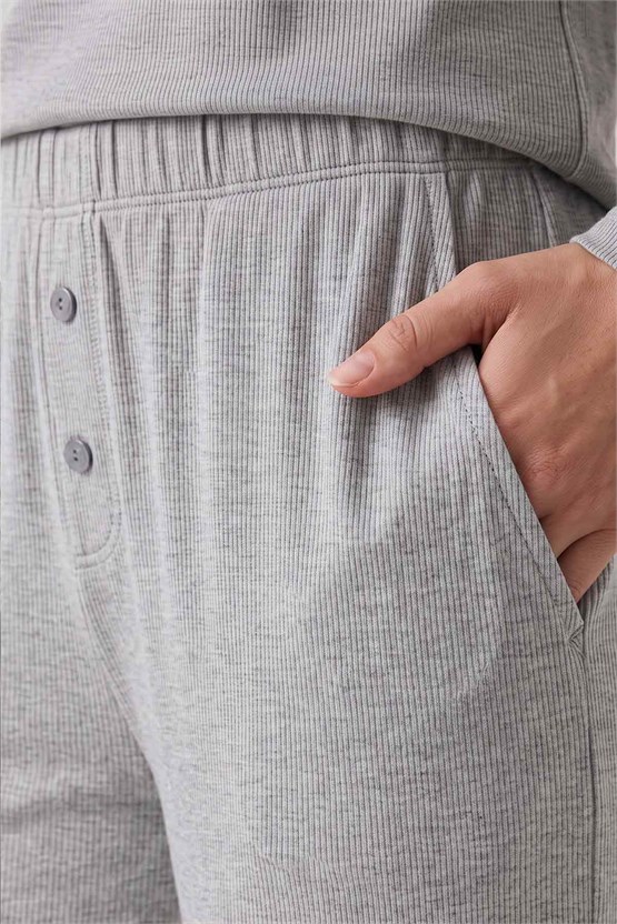 Mısırlı Kadın Modal Kaşkorse Gömlek Pijama Takım Gri Melanj