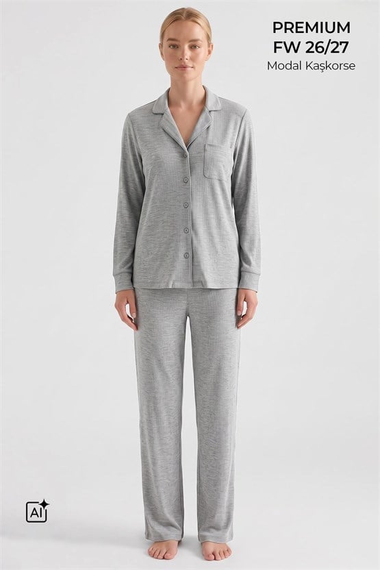 Mısırlı Kadın Modal Kaşkorse Gömlek Pijama Takım Gri Melanj