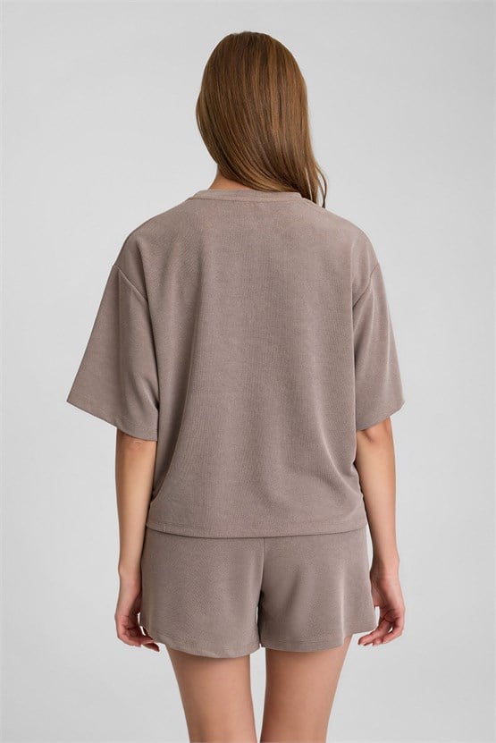 Mısırlı Kadın Modal Oversize Cepli T-shirt Şort Takım Açık Kahverengi