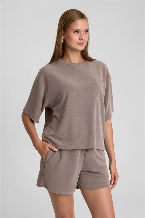 Mısırlı Kadın Modal Oversize Cepli T-shirt Şort Takım Açık Kahverengi