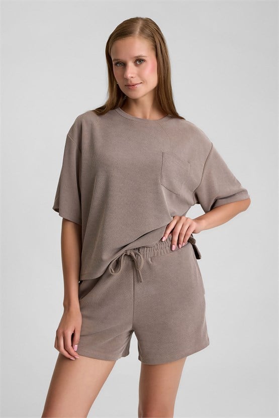 Mısırlı Kadın Modal Oversize Cepli T-shirt Şort Takım Açık Kahverengi