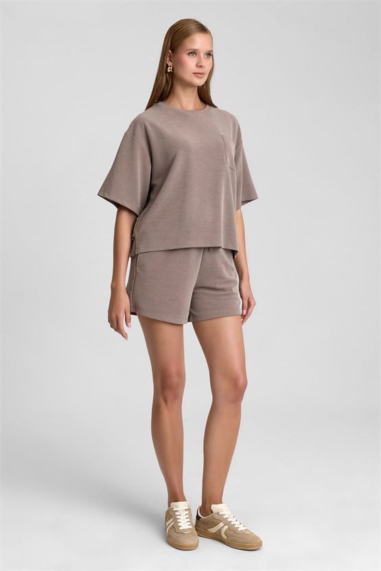 Mısırlı Kadın Modal Oversize Cepli T-shirt Şort Takım Açık Kahverengi