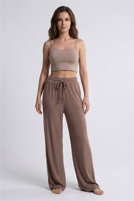 Mısırlı Kadın Modal Pamuk Karışımlı Beli Lastikli Pijama Açık Kahverengi