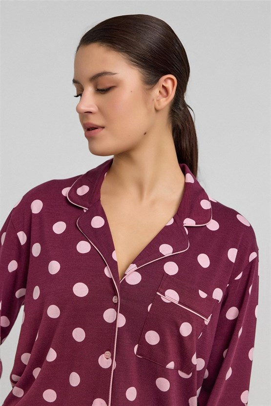 Mısırlı Kadın Modal Puantiyeli Pijama Takımı Bordo