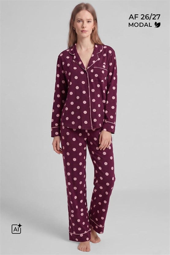 Mısırlı Kadın Modal Puantiyeli Pijama Takımı Bordo