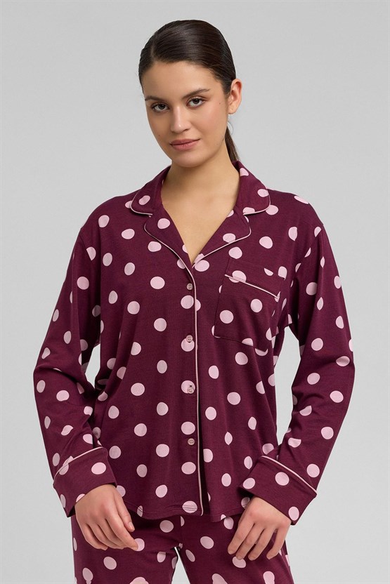 Mısırlı Kadın Modal Puantiyeli Pijama Takımı Bordo