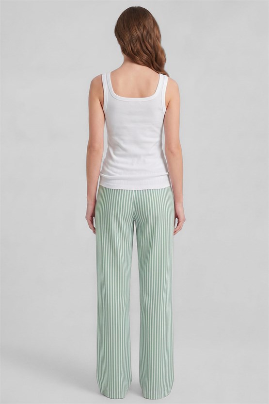 Mısırlı Kadın Modal&Pamuk Karışımlı Askılı Pijama Takım Beyaz-Yeşil Çizgili