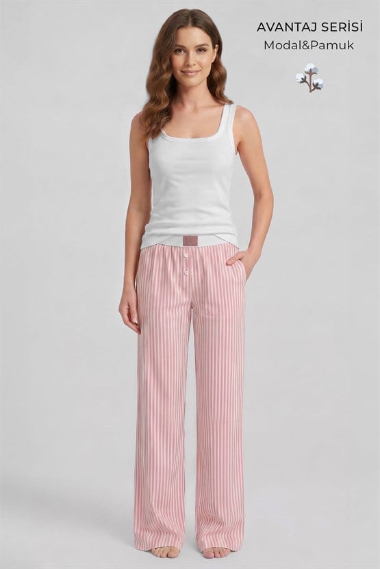 Mısırlı Kadın Modal&Pamuk Karışımlı Askılı Pijama Takım Beyaz-Somon Çizgili