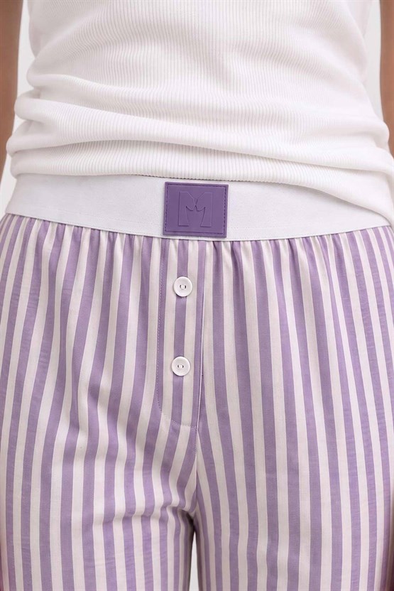 Mısırlı Kadın Modal&Pamuk Karışımlı Askılı Pijama Takım Beyaz-Lila Çizgili