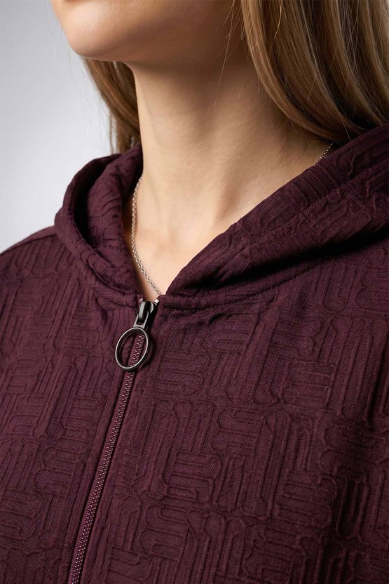 Mısırlı Kadın Monogram Desen Kapşonlu Sweatshirt Bordo