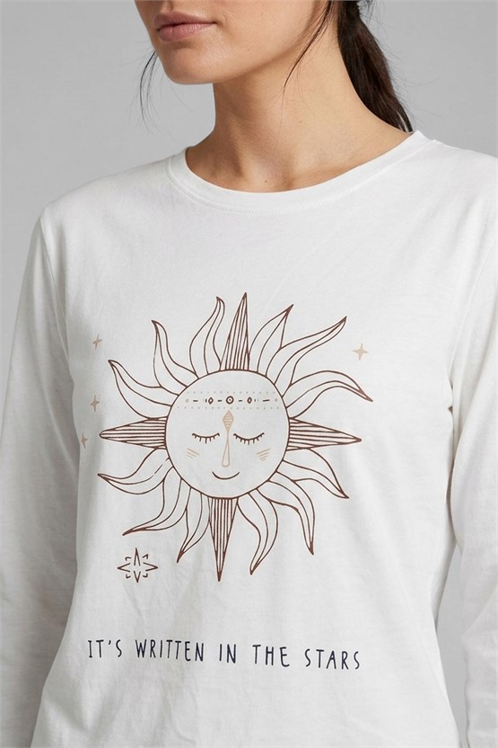 Mısırlı Kadın Pamuk Baskı Detaylı Pijama Takım Ekru