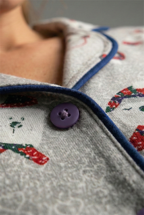 Mısırlı Kadın Pamuk Baskı Detaylı Pijama Takım Gri Melanj