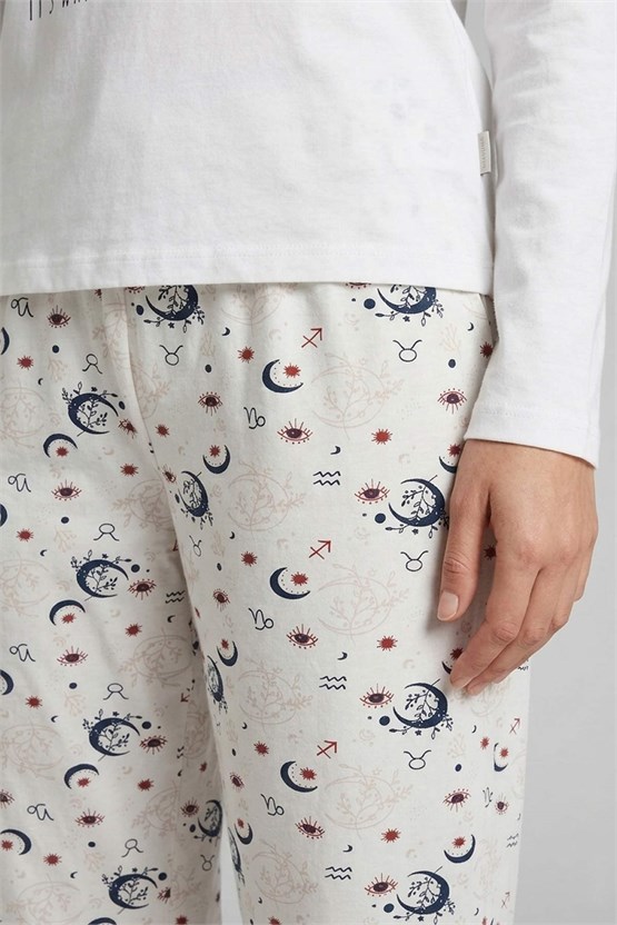 Mısırlı Kadın Pamuk Baskı Detaylı Pijama Takım Ekru