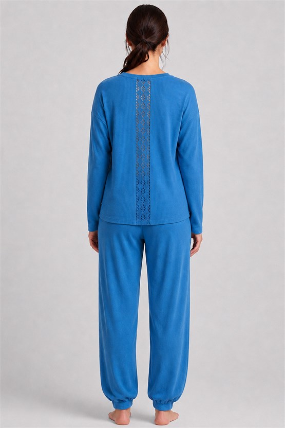 Mısırlı Kadın Pamuk Dantel Detaylı Pijama Takım Saks