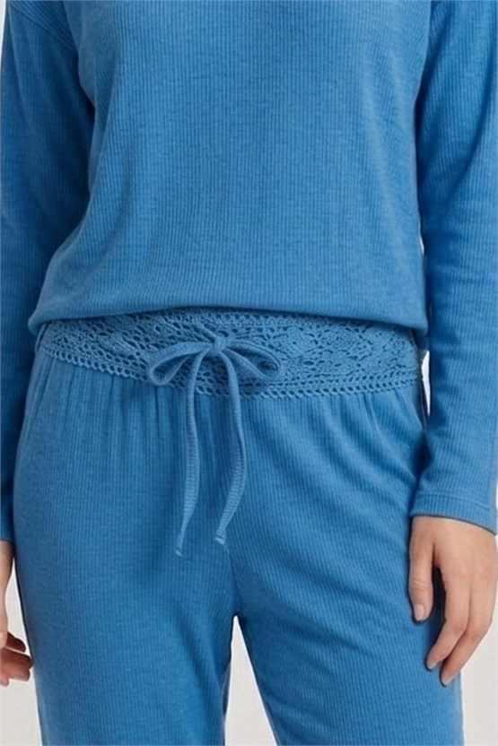 Mısırlı Kadın Pamuk Dantel Detaylı Pijama Takım Saks