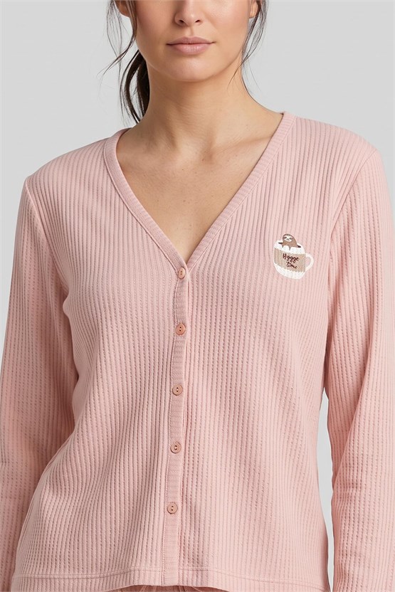 Mısırlı Kadın Pamuk Gofre V Yaka Pijama Takım Açık Pembe