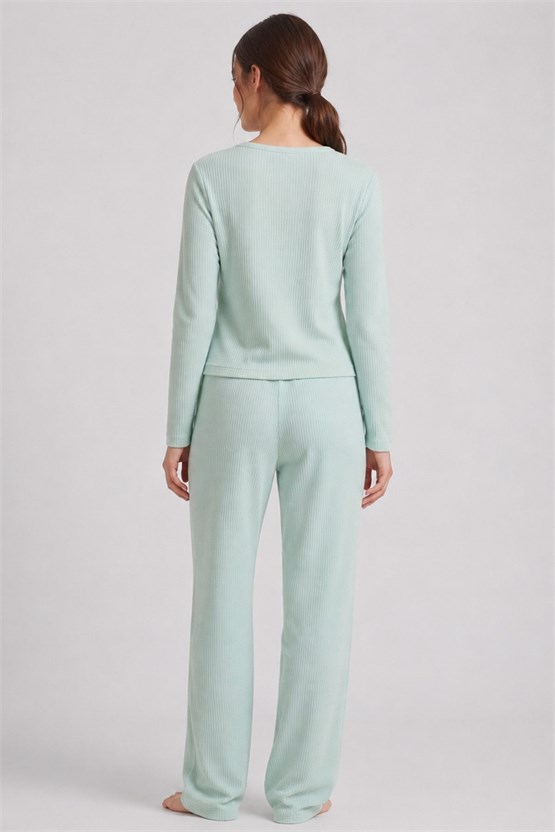 Mısırlı Kadın Pamuk Gofre V Yaka Pijama Takım Su Yeşili
