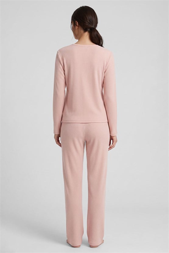 Mısırlı Kadın Pamuk Gofre V Yaka Pijama Takım Açık Pembe