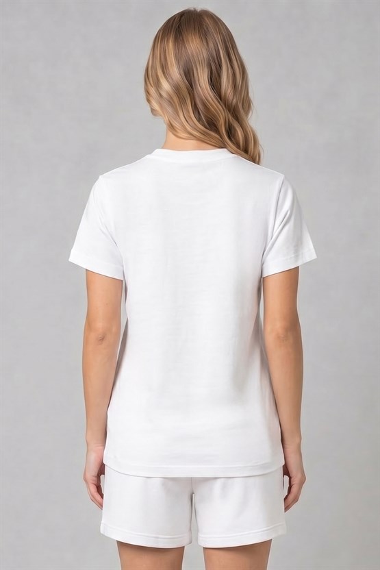 Mısırlı Kadın Pamuk İnterlok Tiktak Detaylı T-shirt Beyaz