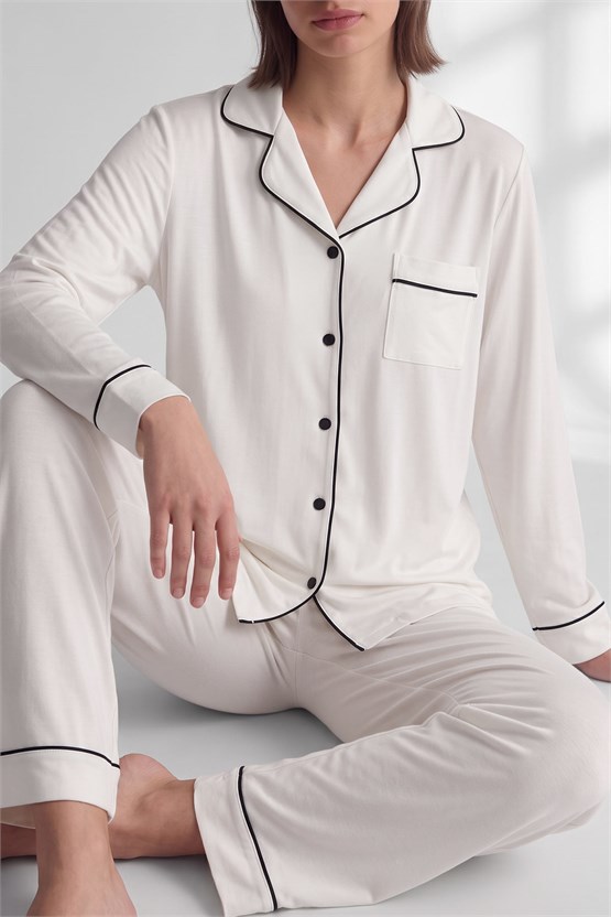 Mısırlı Kadın Pamuk Karışımlı Düz Pijama Takım Beyaz