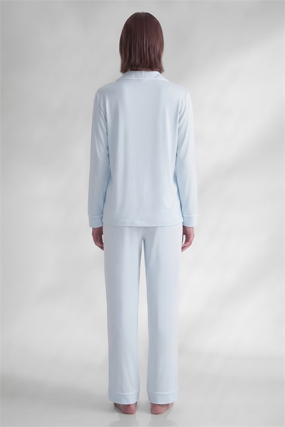 Mısırlı Kadın Pamuk Karışımlı Düz Pijama Takım Mavi