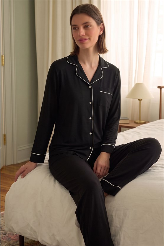 Mısırlı Kadın Pamuk Karışımlı Düz Pijama Takım Siyah