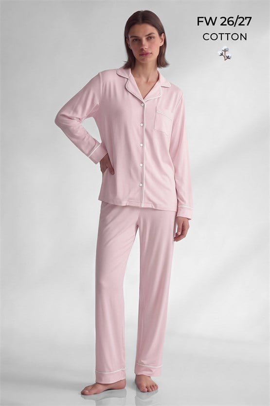 Mısırlı Kadın Pamuk Karışımlı Düz Pijama Takım Pudra