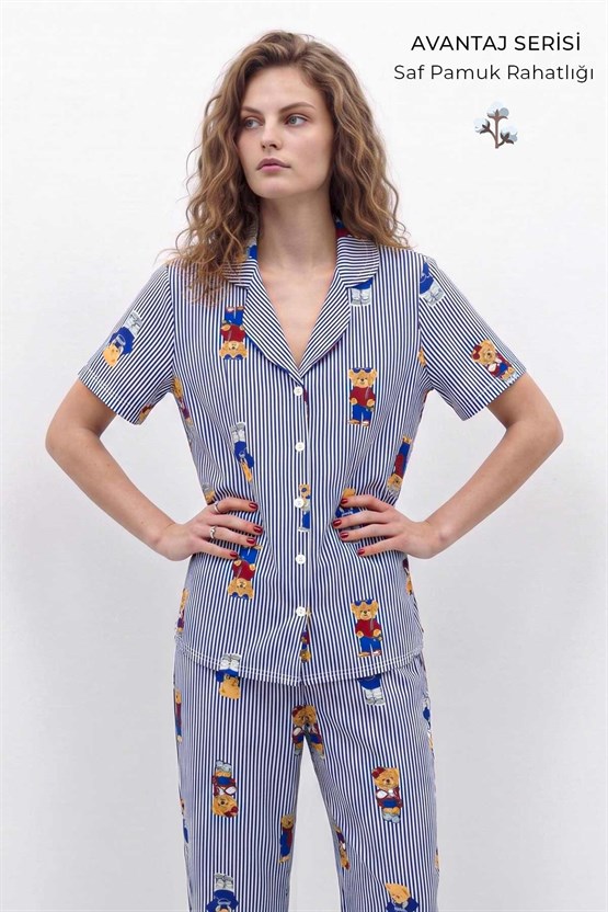 Mısırlı Kadın Pamuk Kısa Kollu Gömlek Pijama Takım Lacivert