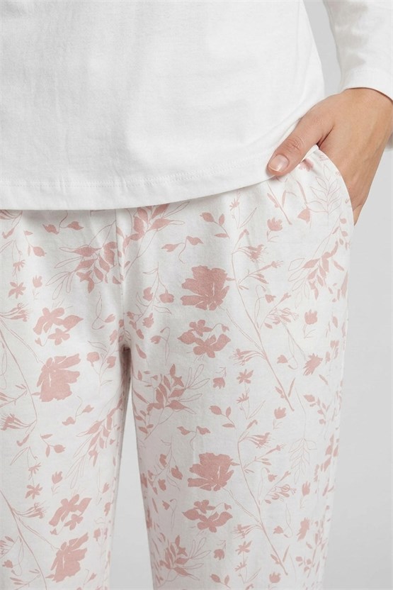 Mısırlı Kadın Pamuk  Pach Detaylı Pijama Takım Ekru