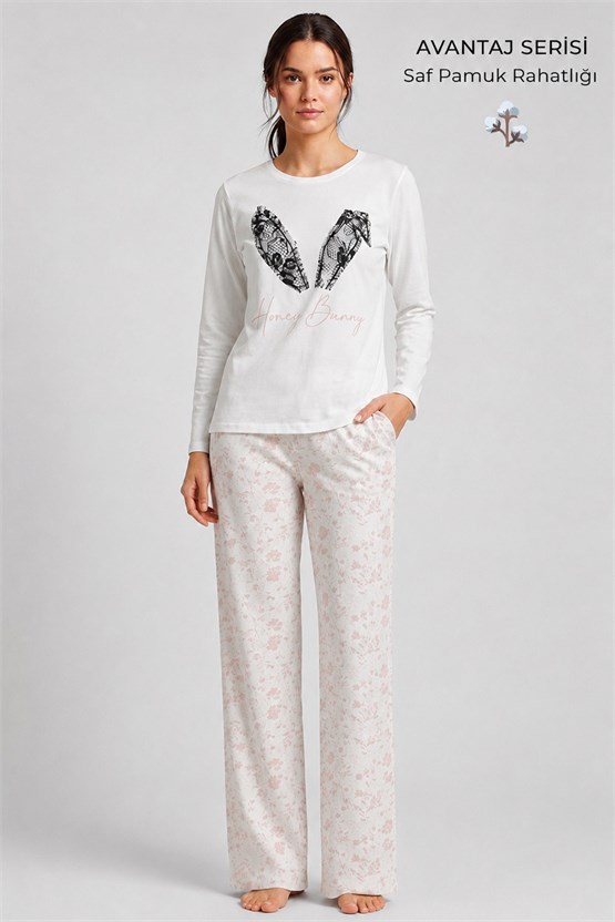 Mısırlı Kadın Pamuk  Pach Detaylı Pijama Takım Ekru
