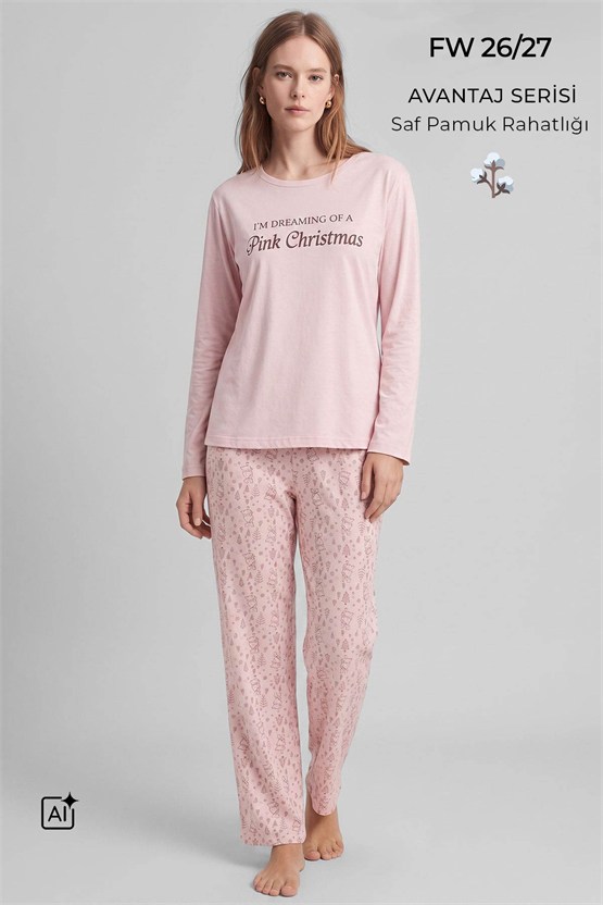 Mısırlı Kadın Pamuk Tavşan Baskılı Pijama Takım Açık Pembe