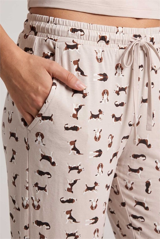 Mısırlı Kadın Pamuklu Baskılı Pijama Takım Ekru