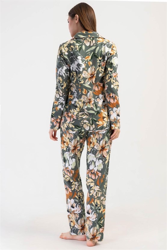 Mısırlı Kadın Pamuklu Çiçek Desenli Uzun Kollu Gömlek Pijama Takımı Yeşil