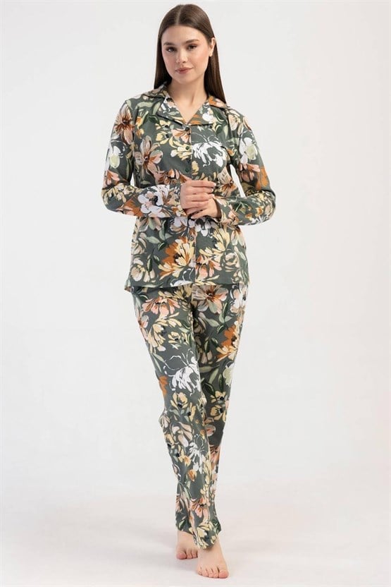 Mısırlı Kadın Pamuklu Çiçek Desenli Uzun Kollu Gömlek Pijama Takımı Yeşil