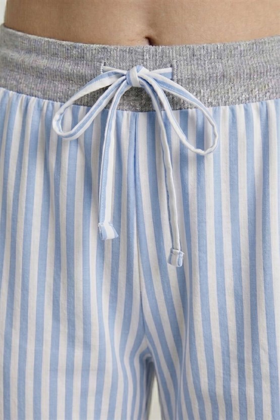 Mısırlı Kadın Pamuklu Çizgili Pijama Takım Gri/Mavi
