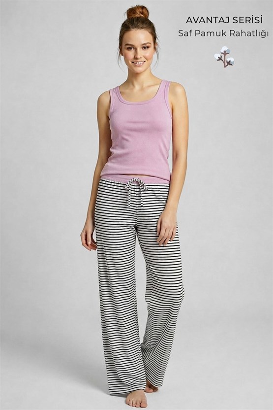 Mısırlı Kadın Pamuklu Çizgili Pijama Takım Lila/Siyah