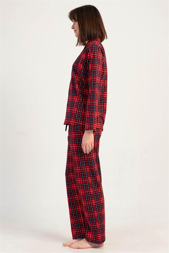 Mısırlı Kadın Pamuklu Ekoseli Uzun Kollu Gömlek Pijama Takımı Kırmızı