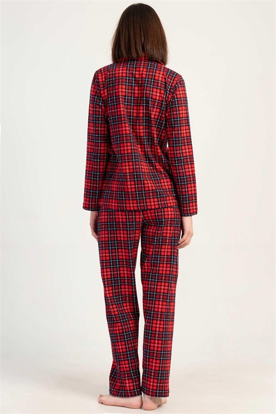 Mısırlı Kadın Pamuklu Ekoseli Uzun Kollu Gömlek Pijama Takımı Kırmızı