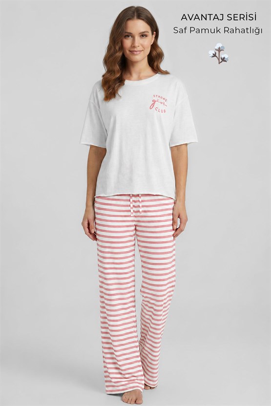 Mısırlı Kadın Pamuklu Pijama Takım Beyaz-Somon