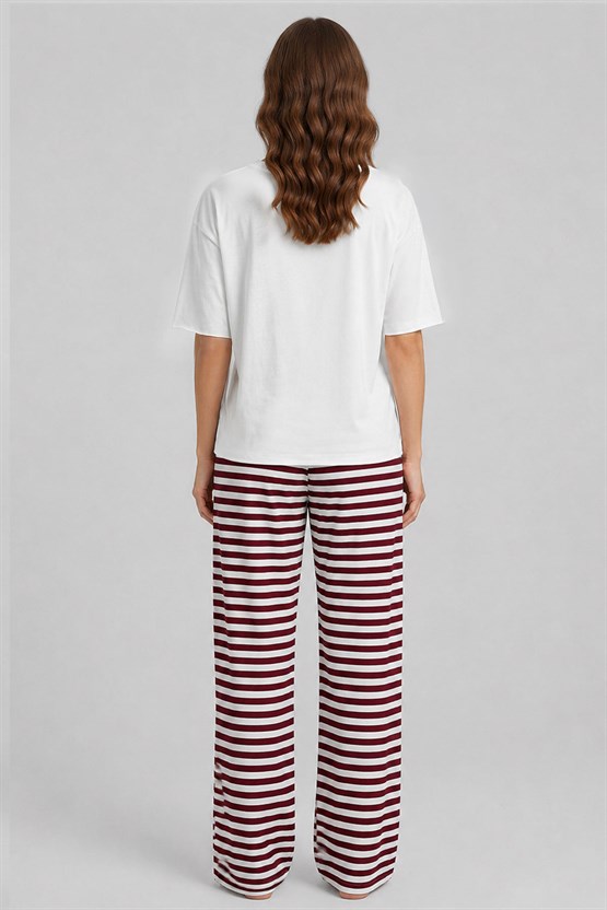 Mısırlı Kadın Pamuklu Pijama Takım Beyaz-Bordo