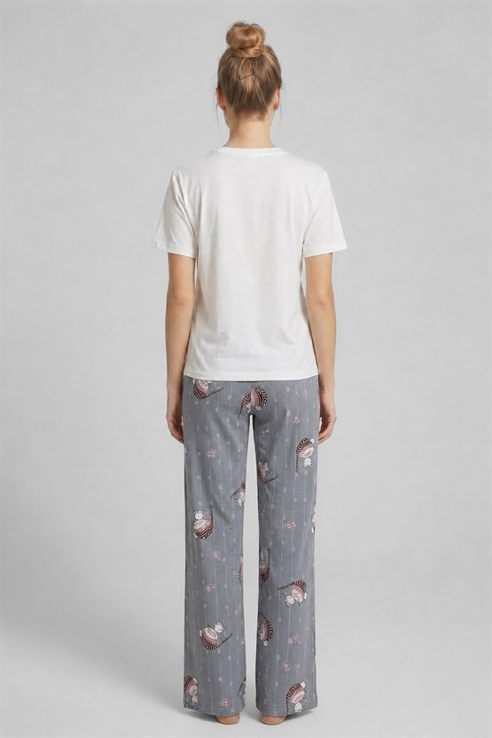 Mısırlı Kadın Pamuklu Pijama Takım Gri/Beyaz