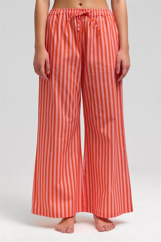 Mısırlı Kadın Pamuklu Poplin Çizgili Pijama Altı / Pantolon Turuncu/Pembe