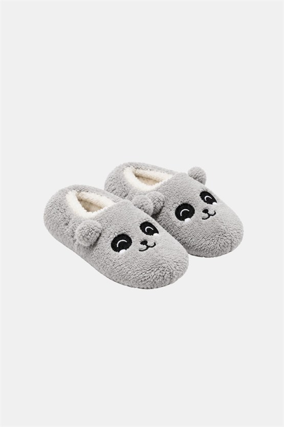 Mısırlı Kadın Panda Figürlü Panduf Açık Gri